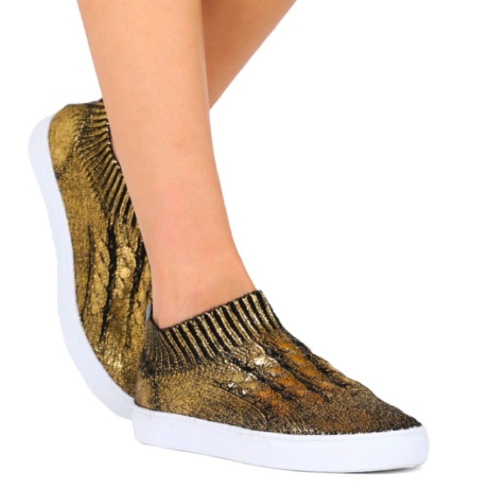 Qupid Gold Metallic Comfort Sock Sneakers